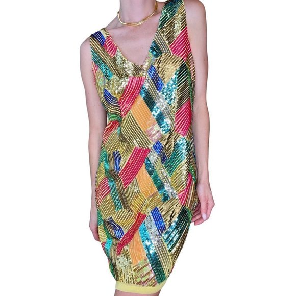 Boston Proper yellow multicolor geometric pattern sequin party dress Sz. 6 - Picture 1 of 8